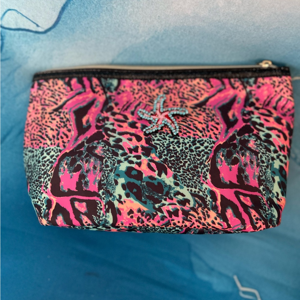 Vibrant Pink & Aqua Animal Print Cosmetic Pouch with Starfish